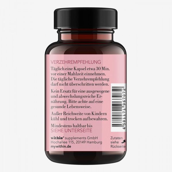 Rückseite der braunen Glasflasche mit schwarzem Deckel. Rosa Etikett mit Text. Aufschrift: within supplements GmbH.