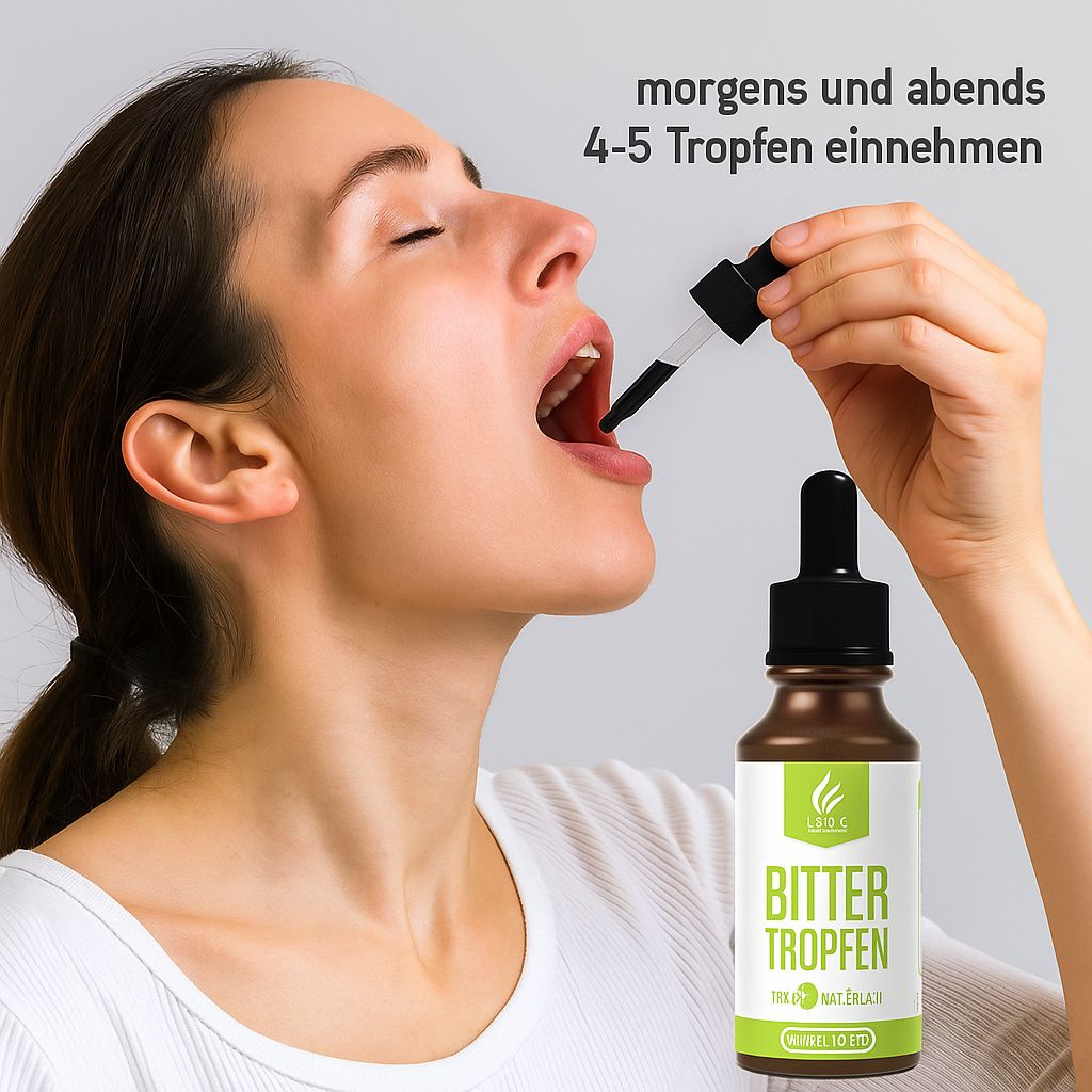 Frau nimmt Tropfen aus brauner Flasche mit schwarzem Tropfer in den Mund. Auf der Flasche steht: Bitter Tropfen. Text: morgens und abends 4-5 Tropfen einnehmen.