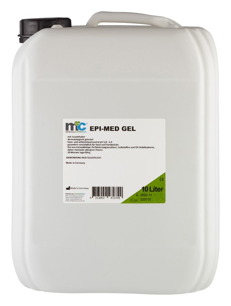 Rückseite eines 10-Liter-Kanisters mit Epi-Med Gel, mit Etikett und Barcode.