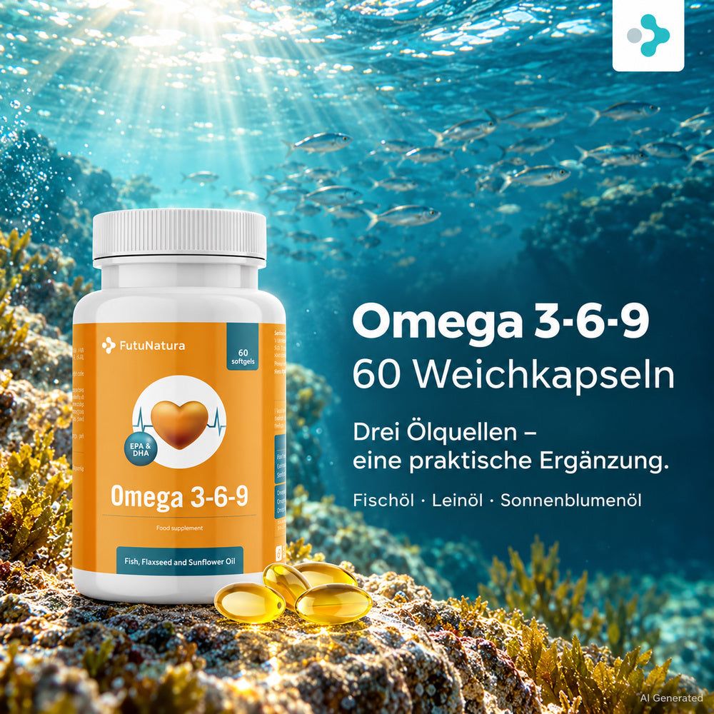 Flasche FutuNatura Omega 3-6-9, 60 Weichkapseln. Unterwasser-Szene mit Fischen.