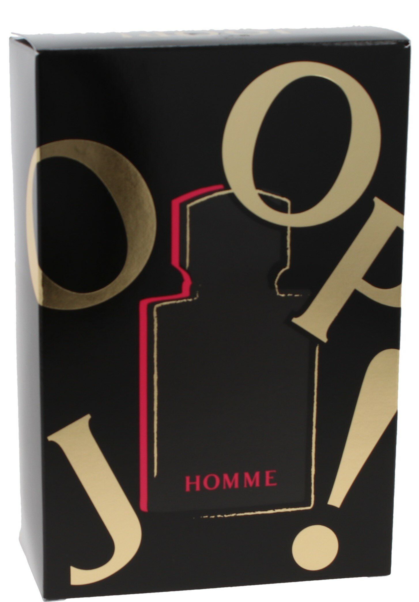 Schwarze Geschenkbox mit goldenem JOOP!-Schriftzug. Ein Umriss einer Flasche mit roter Kontur und dem Wort "HOMME".