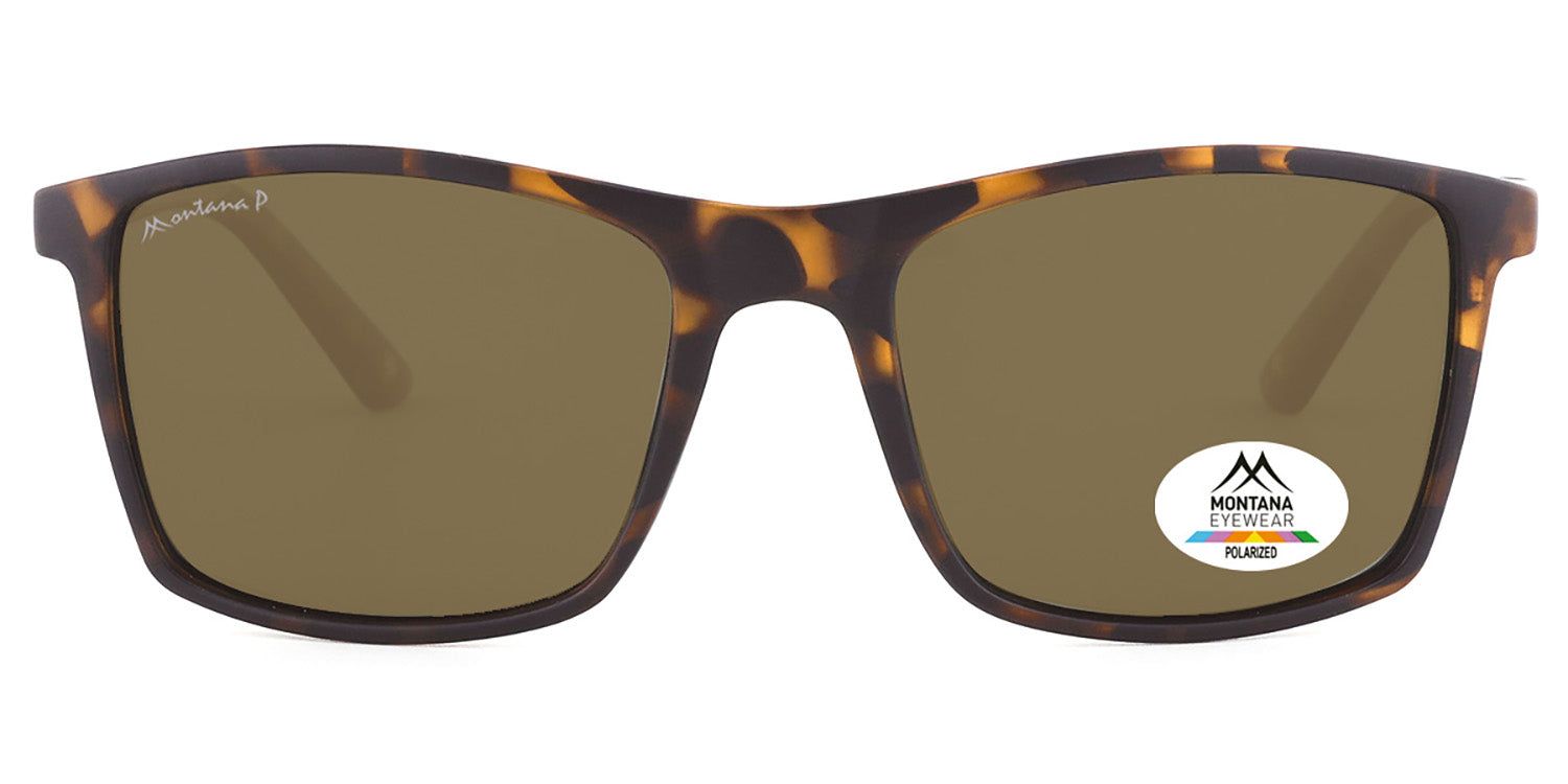 Sonnenbrille mit braunem Gestell und Gläsern. Auf einem Glas ist ein Logo von Montana Eyewear zu sehen.