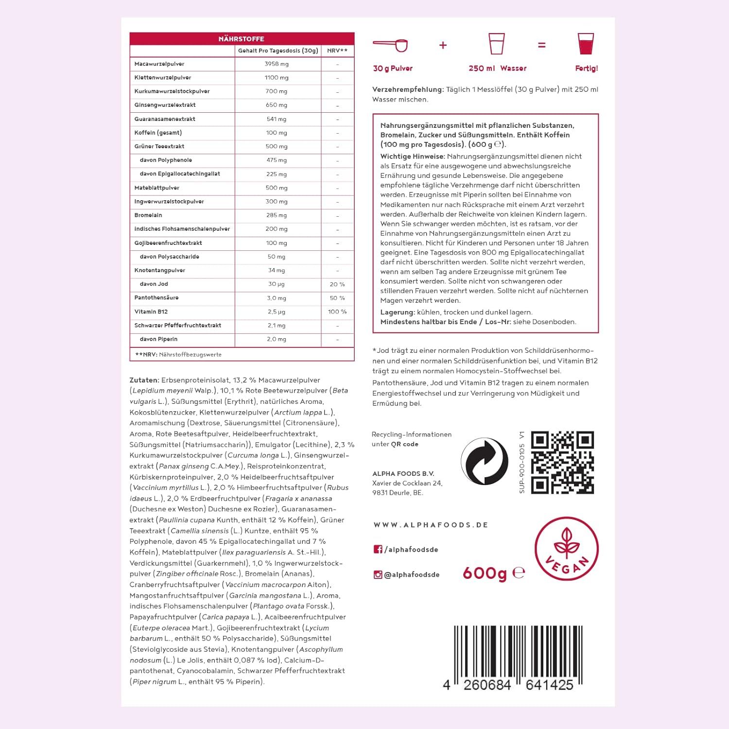 Rückseite der Alpha Foods Rote Kraft-Verpackung. Nährwertangaben, Zutaten, Informationen. 600g. Vegan. QR-Code.