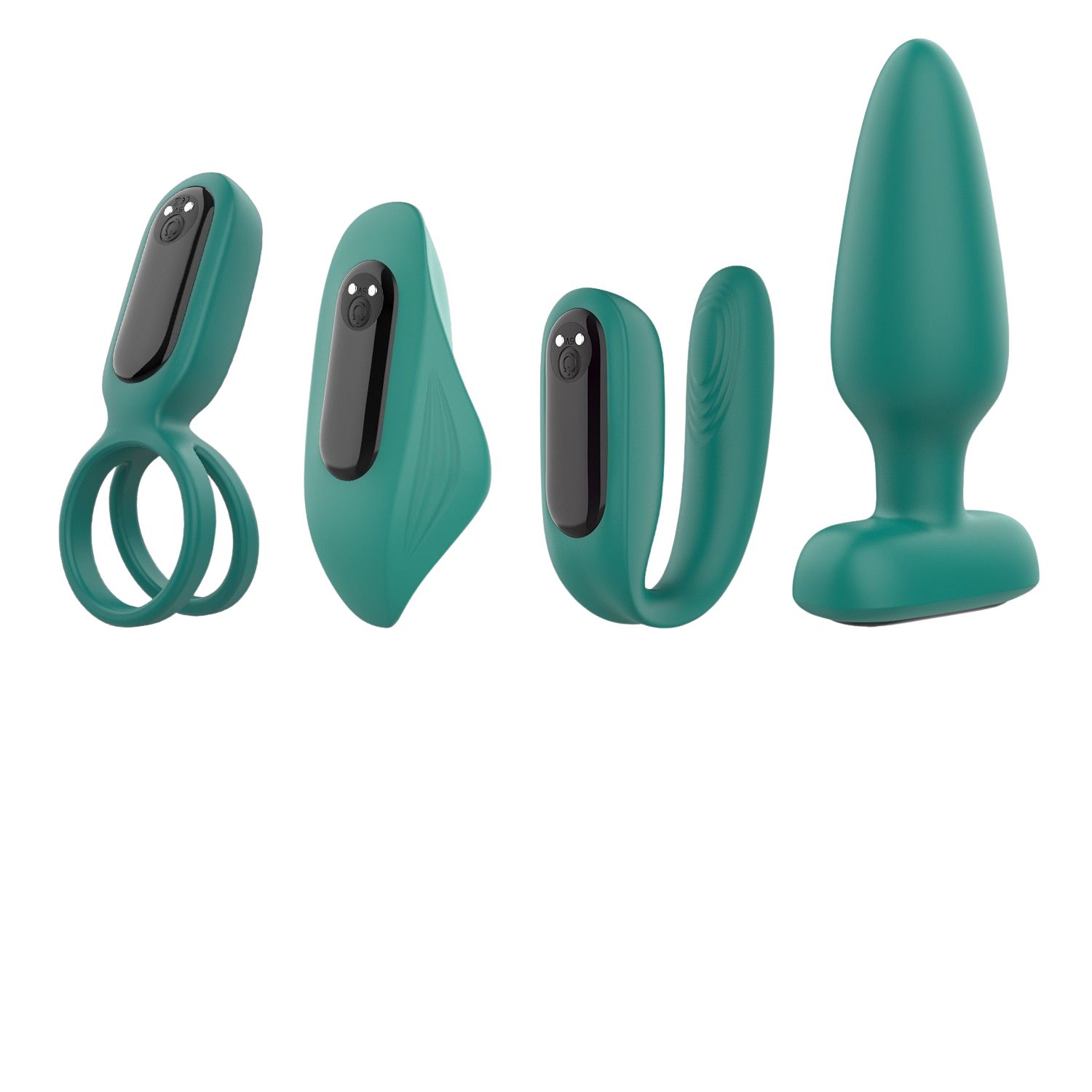 Vier grüne Produkte: Ring, gebogene Form, U-Form und Kegel. Alle mit schwarzem Bedienfeld.