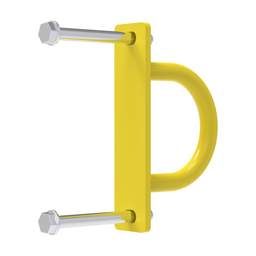 Gelbe Halterung mit gebogenem Griff und zwei Schrauben. Metallkonstruktion zur Wandbefestigung. Detailansicht, isoliert.