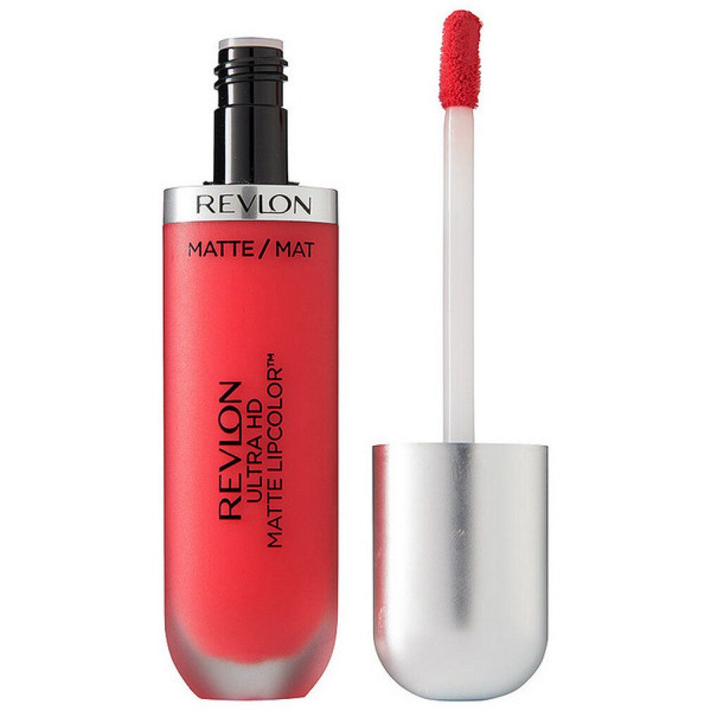 Revlon Ultra HD Matte Lipcolor. Roter Behälter mit silbernem Deckel. Applikator sichtbar. Text: Matte/Mat.