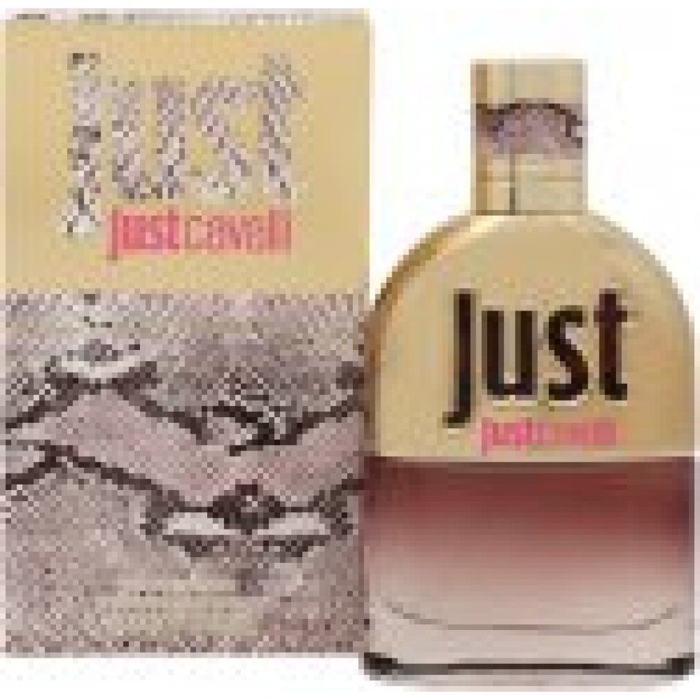 Parfümflakon und Verpackung. Goldfarbene Verpackung mit Schlangenmuster und Aufschrift "Just Cavalli".