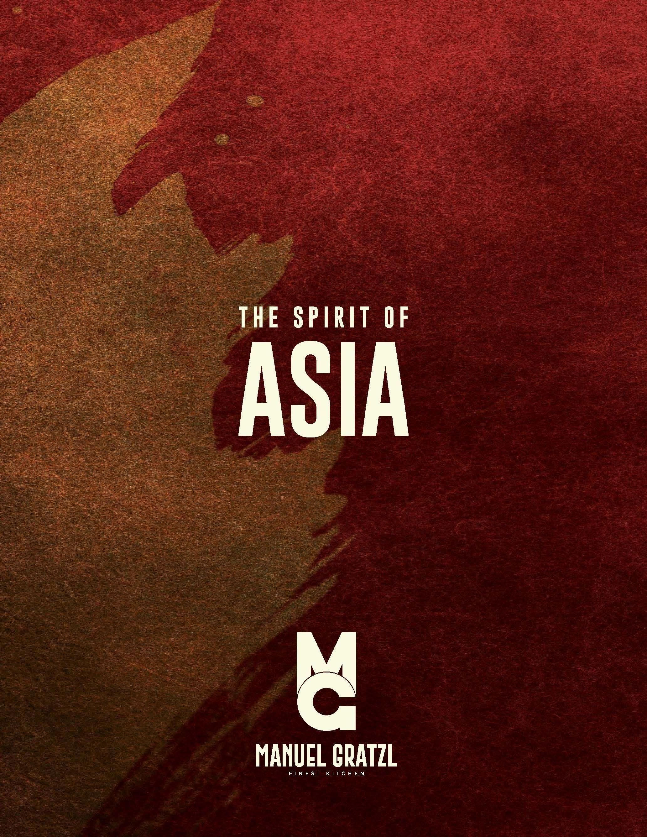 Der Schriftzug "THE SPIRIT OF ASIA" in Weiß auf einem roten Hintergrund. Darunter das Logo "MC" und der Name "MANUEL GRATZL".