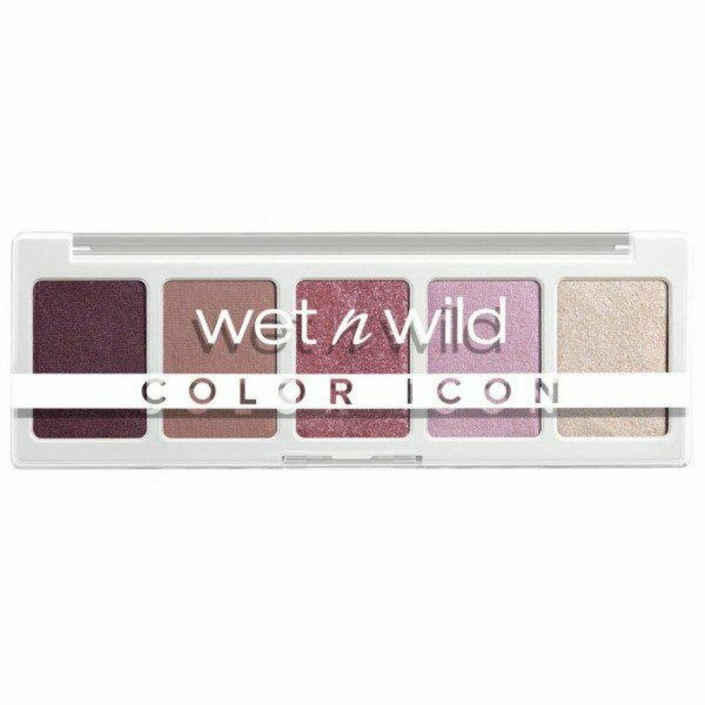 Lidschatten-Palette mit fünf Farbtönen. Weißes Gehäuse mit Produktnamen. Farben: Pflaume, Rosa, Rot, Lila, Champagner.