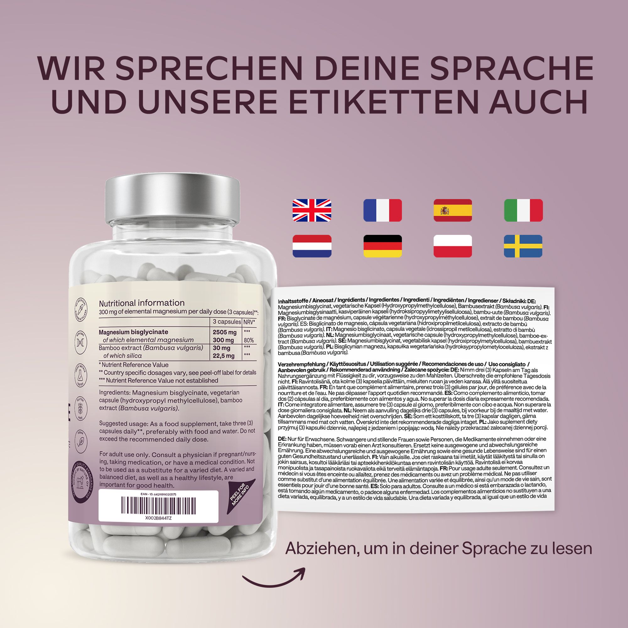 Flasche mit Kapseln und Etiketten in verschiedenen Sprachen. Aufschrift: Magnesiumbisglycinat.