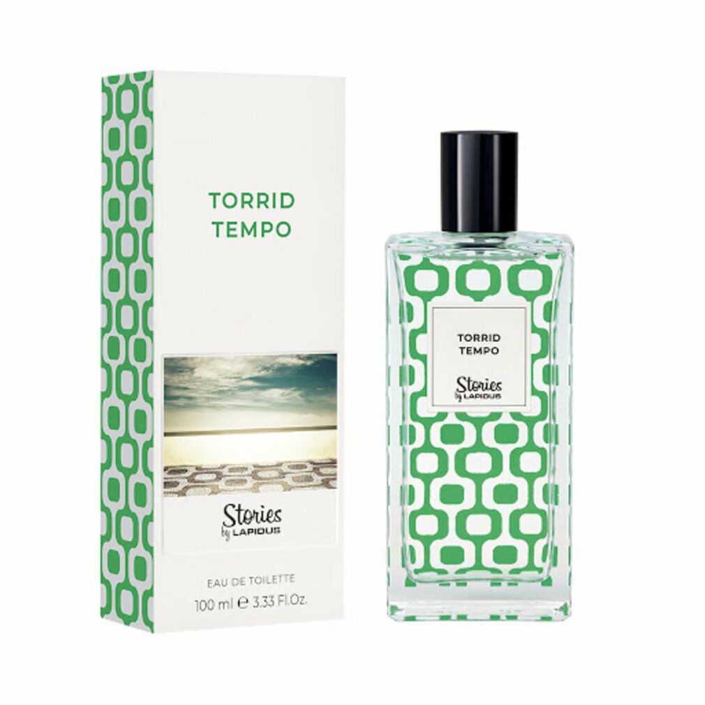 Eau de Toilette-Flakon und Verpackung. Rechteckige Flasche mit grünem Muster. Aufschrift "Torrid Tempo" und "Stories by Lapidus". Verpackung mit grünem Muster und Strandfoto.