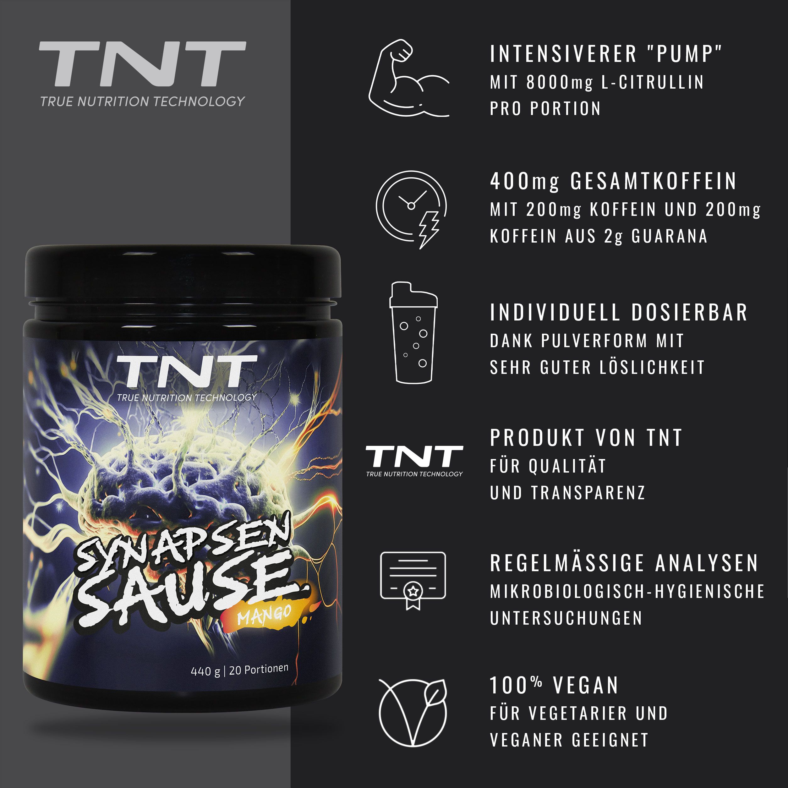 Schwarzes Produktglas mit TNT-Logo und "Synapsen Sause"-Etikett. Enthält 440g, 20 Portionen. Mango-Geschmack. Text mit Inhaltsstoffen und Zertifizierungen.