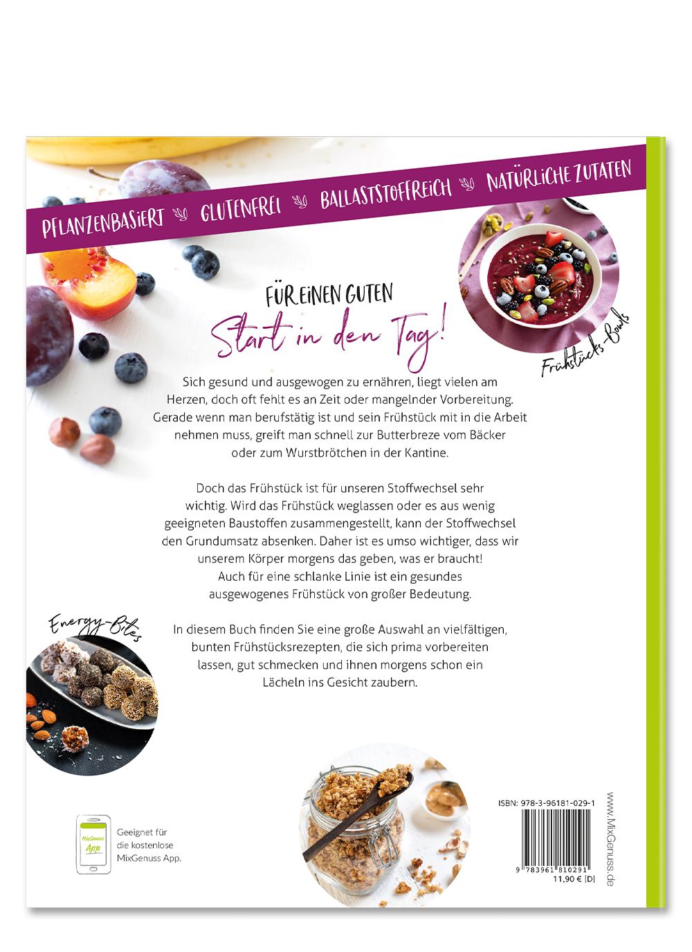 Rückseite eines Buches mit Text und Abbildungen. Oben: "Pflanzenbasiert, Glutenfrei, Ballaststoffreich, Natürliche Zutaten".