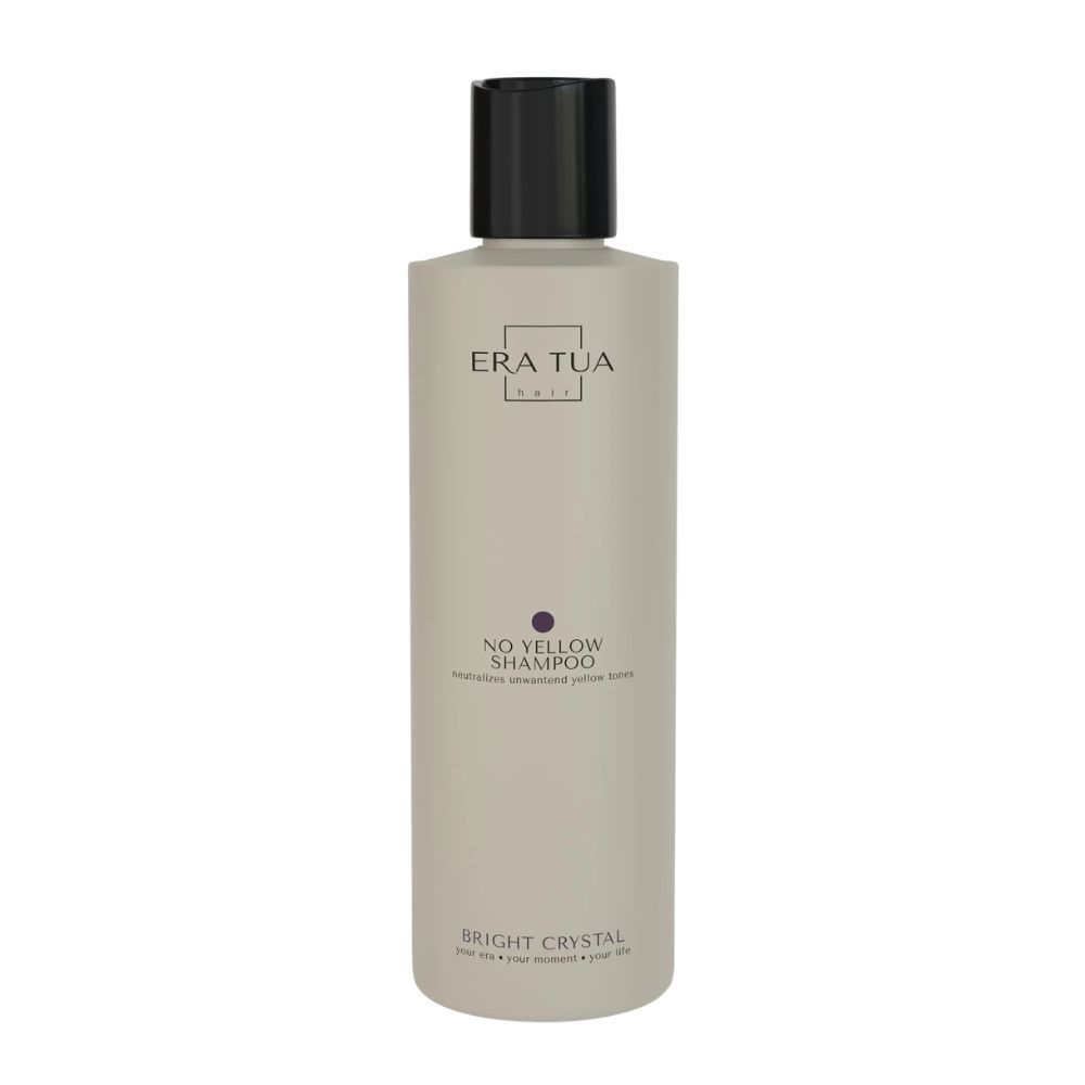 Flasche mit schwarzem Deckel. Text: ERA TUA, No Yellow Shampoo, Bright Crystal. Graue Flasche.