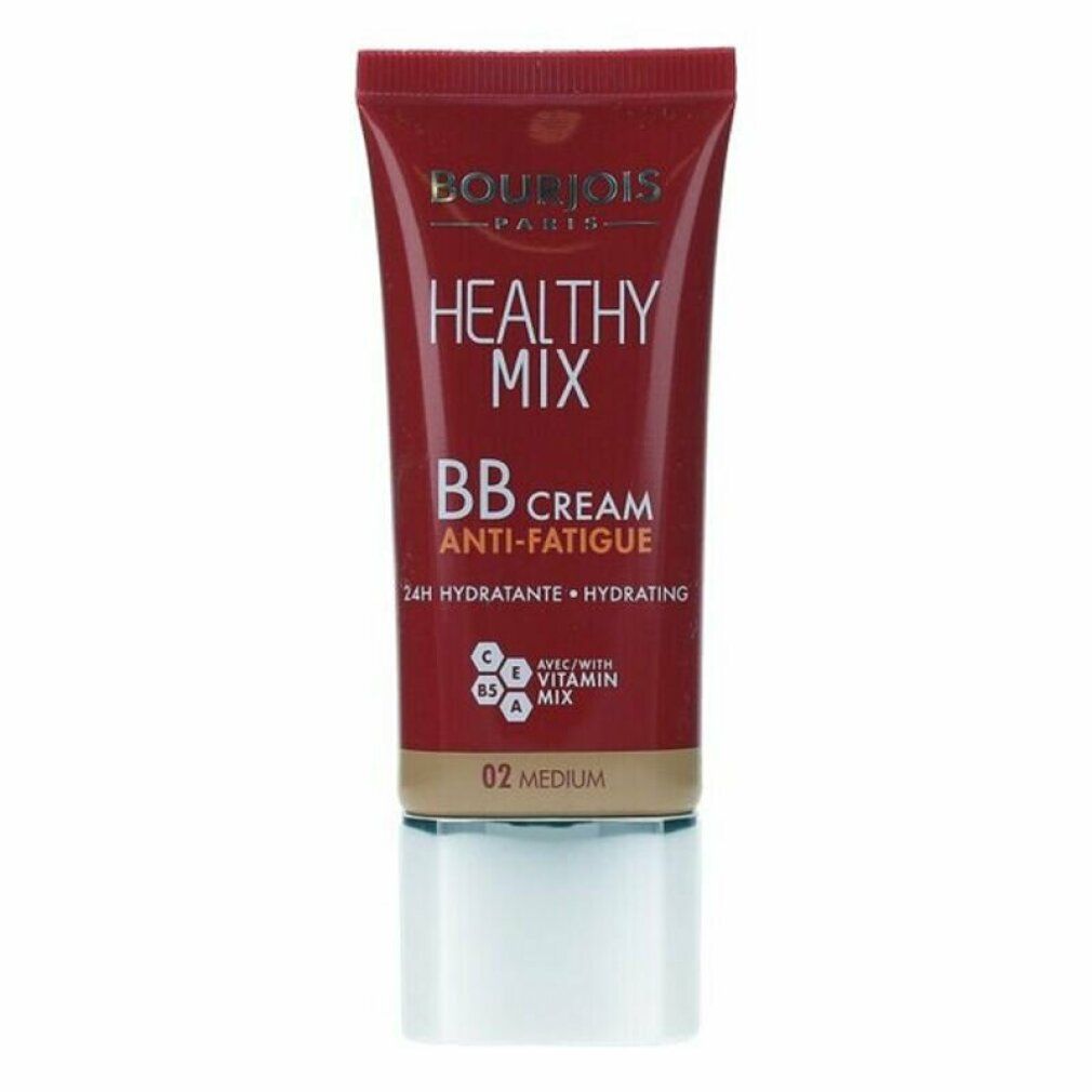 Rote Tube Bourjois Healthy Mix BB Cream 02 Medium. Text: Healthy Mix, BB Cream Anti-Fatigue, 24H Hydratante + Hydrating.