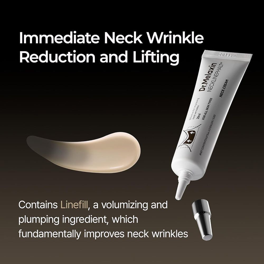 Dr. Melaxin Necklinephalt Halscreme Tube, mit aufgetragener Creme und abgenommenem Applikator.