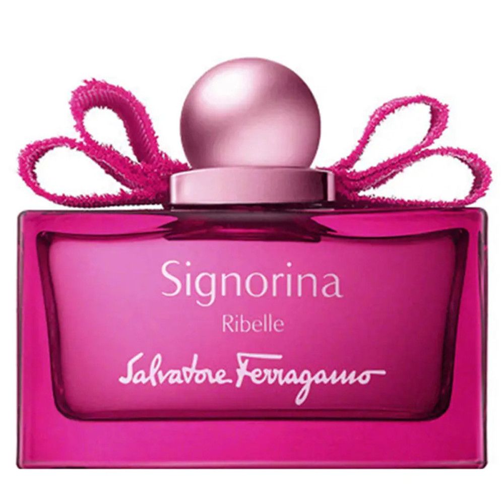 Rosa Flakon mit rosa Verschluss und Schleife. Schriftzug Signorina Ribelle und Salvatore Ferragamo.