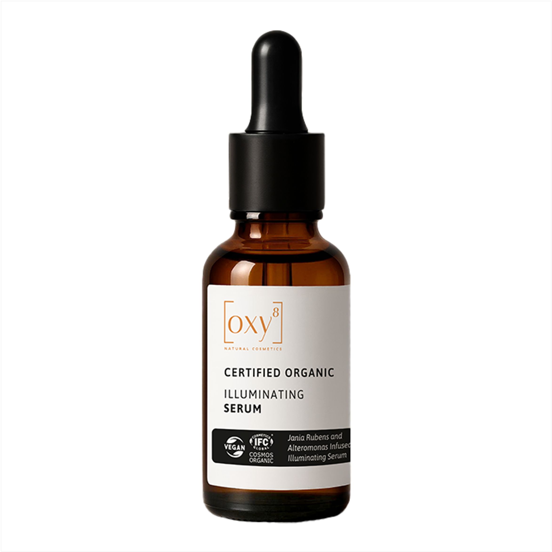 Braune Glasflasche mit Pipette. Aufschrift: CERTIFIED ORGANIC ILLUMINATING SERUM. Vegan- und Cosmos Organic-Siegel.