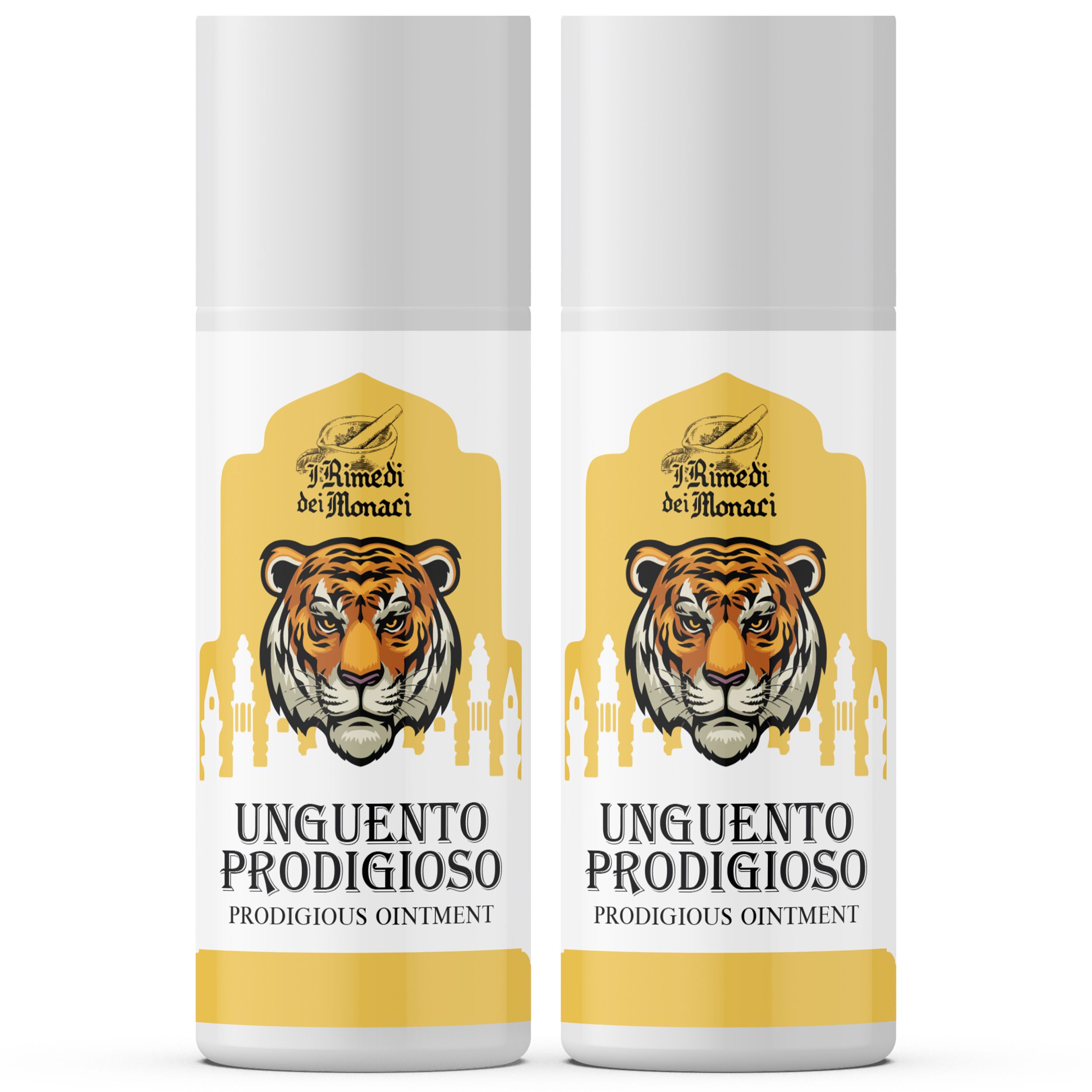 Zwei weiße Flaschen mit gelben Etiketten. Auf den Etiketten sind ein Tigerkopf, der Schriftzug „Unguento Prodigioso“ und der Markenname abgebildet.