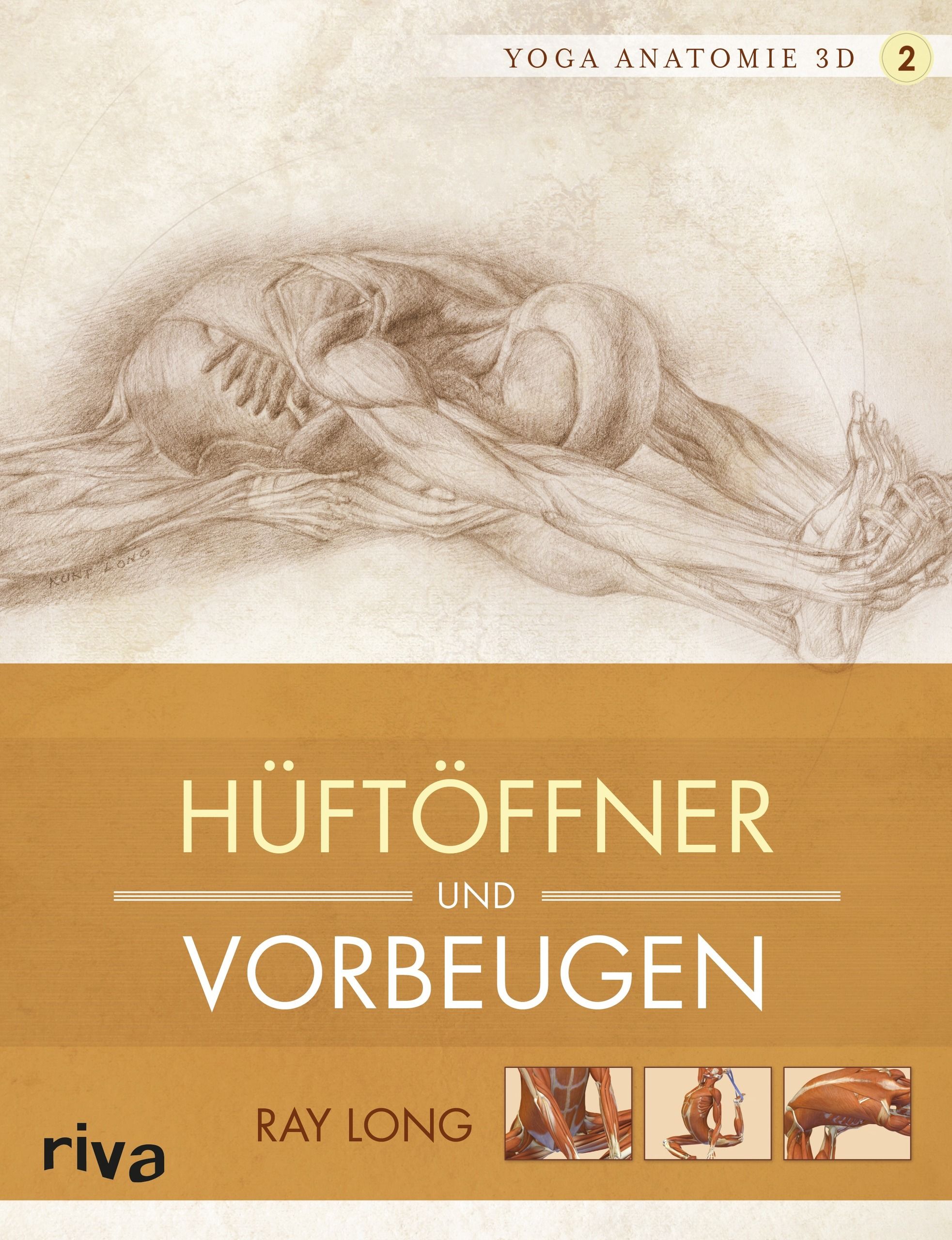 Buchcover mit anatomischer Zeichnung. Titel: Hüftöffner und Vorbeugen. Autor: Ray Long. Verlag: riva. Oben: Yoga Anatomie 3D.