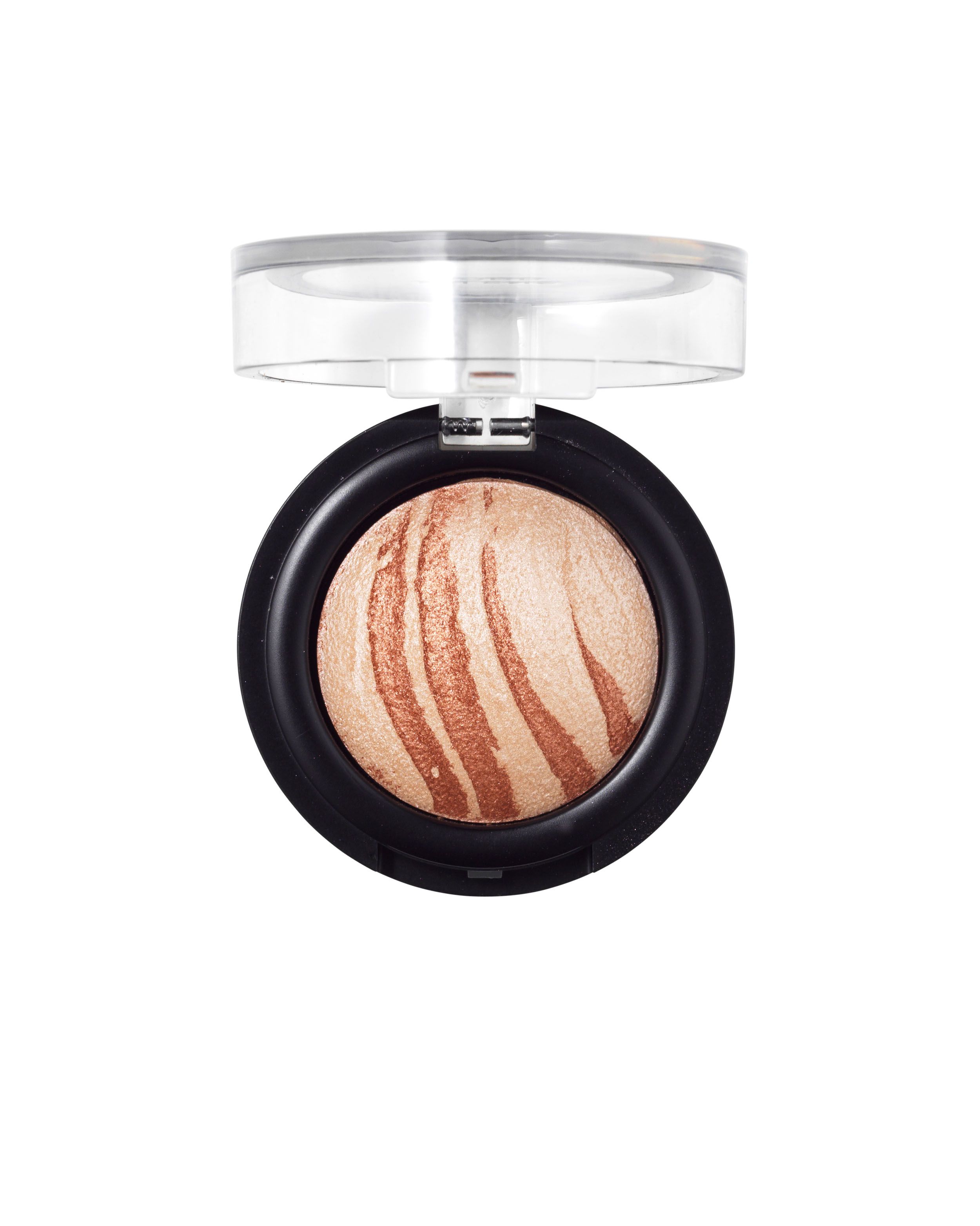 Nilens Jord Baked Mineral Eyeshadow in einem schwarzen Tiegel mit transparentem, offenem Deckel. Marmoriertes Muster in Gold- und Beigetönen.