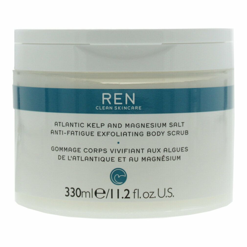 Weißer Tiegel mit blauem Streifen und Produktbezeichnung. Text: Atlantic Kelp & Magnesium Salt Anti-Fatigue Exfoliating Body Scrub. 330ml.