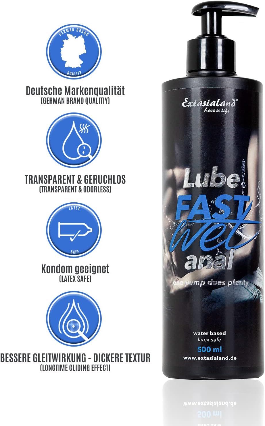 Schwarze Flasche mit Pumpe. Text: Lube, Fastwet anal. 500 ml. Deutsche Markenqualität. Latex safe.