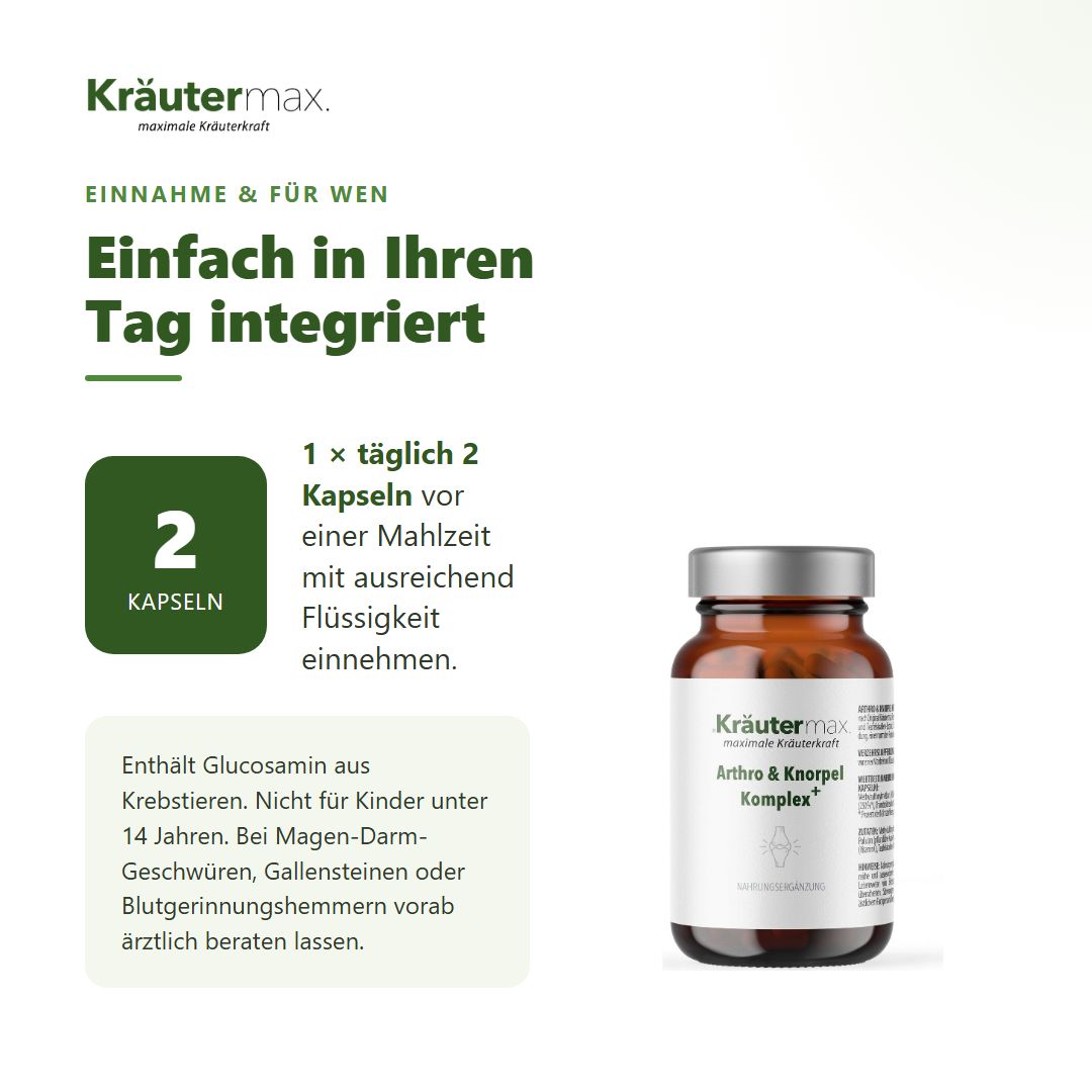 Braune Glasflasche mit silbernem Deckel, gefüllt mit Kapseln. Etikett zeigt Kräutermax Arthro & Knorpel Komplex.
