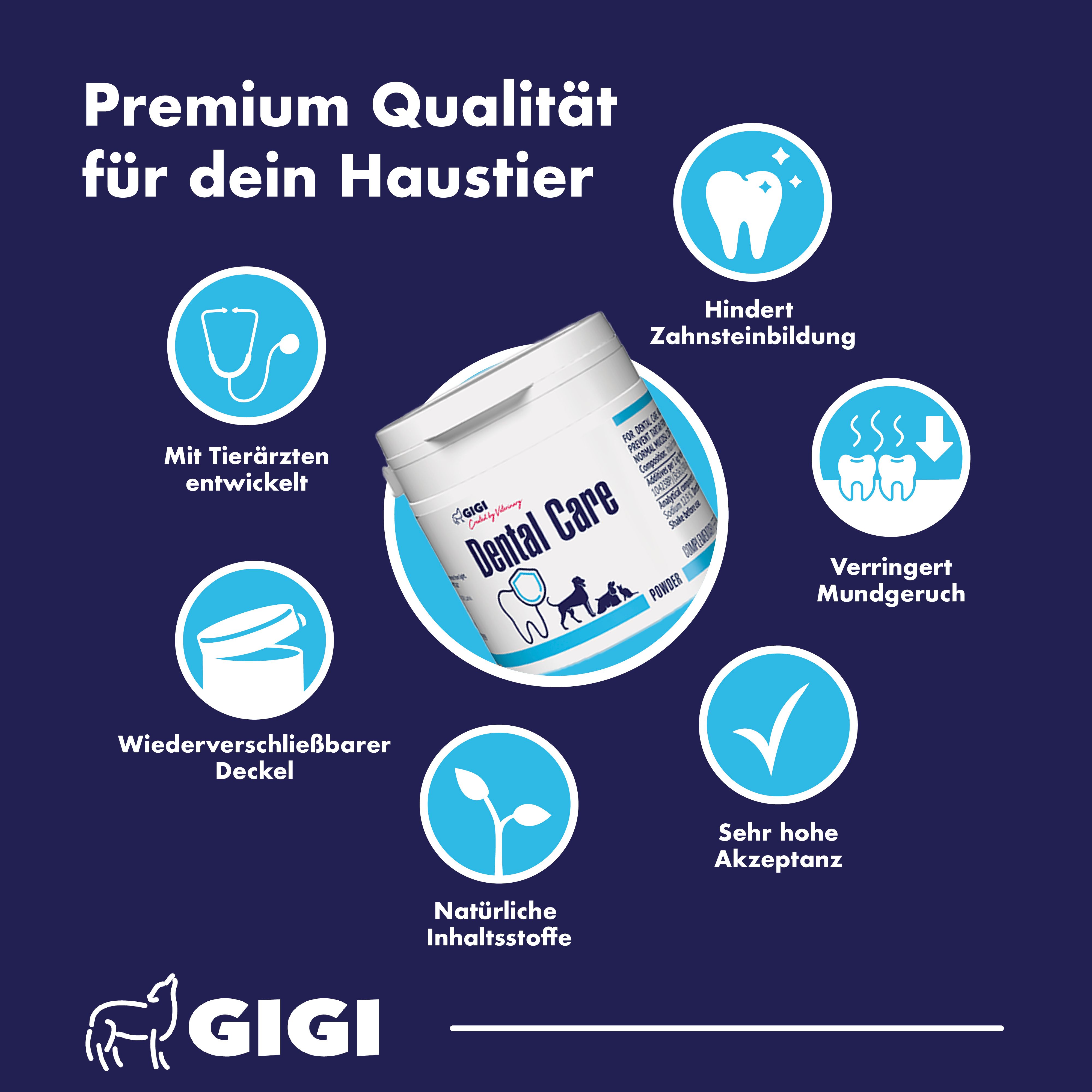 Dose GIGI Dental Care Pulver. Icons zeigen: Tierärztlich entwickelt, wiederverschließbarer Deckel, natürliche Inhaltsstoffe.