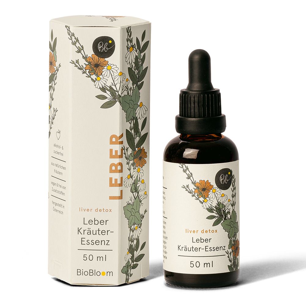 Braune Glasflasche und Karton mit floralem Design. Beschriftung: Leber Kräuter-Essenz, 50 ml, liver detox. Marke: BioBloom.