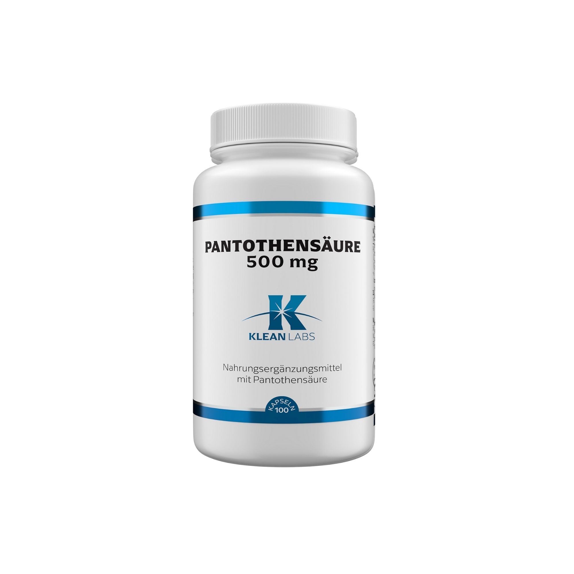 Weiße Kapsel mit blauem Etikett: Pantothensäure 500 mg, Klean Labs, 100 Kapseln.