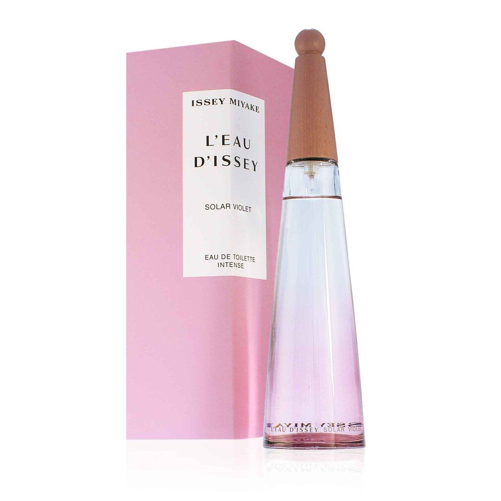 Rosa Verpackung mit Flakon. Aufschrift: Issey Miyake, L'Eau d'Issey Solar Violet. Eau de Toilette Intense.