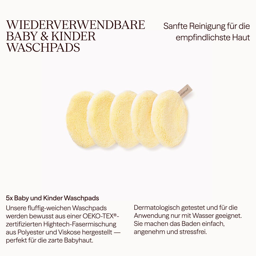 Fünf gelbe Waschpads. Text: Wiederverwendbare Baby & Kinder Waschpads. Dermatologisch getestet. Aus HighTech-Fasermischung aus Polyester und Viskose hergestellt.