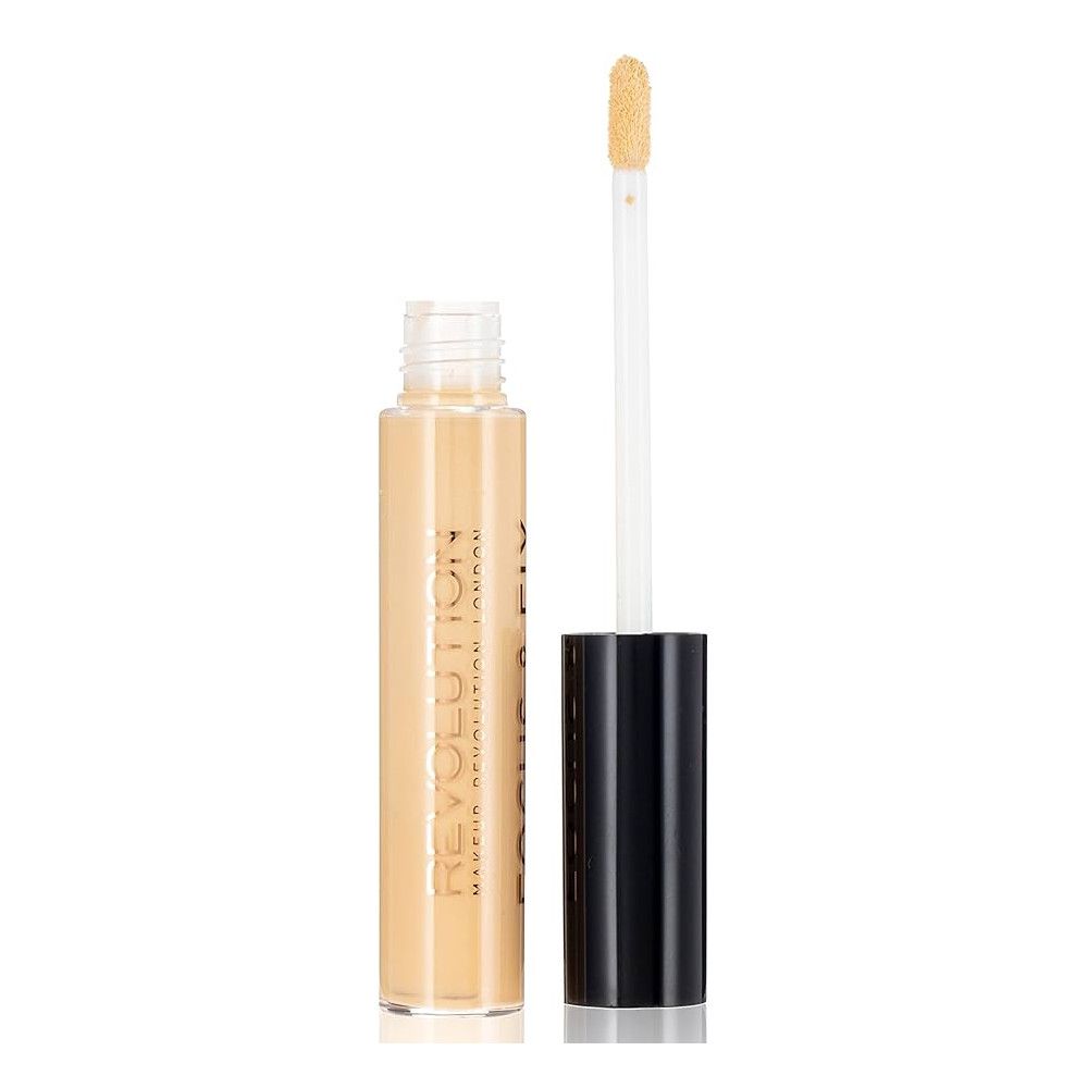 Flüssiger Concealer in einem transparenten Fläschchen mit schwarzem Deckel und Applikator. Der Flascheninhalt ist hellbeige.