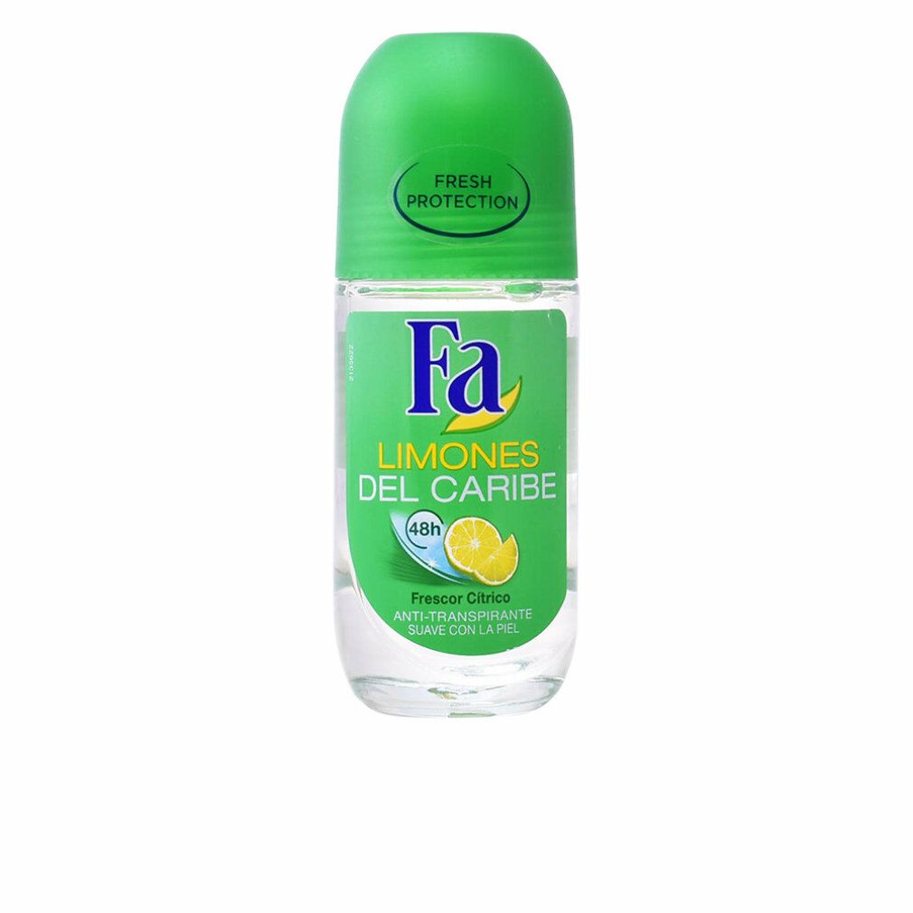 Deodorant-Roll-on mit grünem Deckel. Aufschrift "Fa" und "LIMONES DEL CARIBE". Abbildung einer Zitrone. "48h" und "ANTI-TRANSPIRANTE".