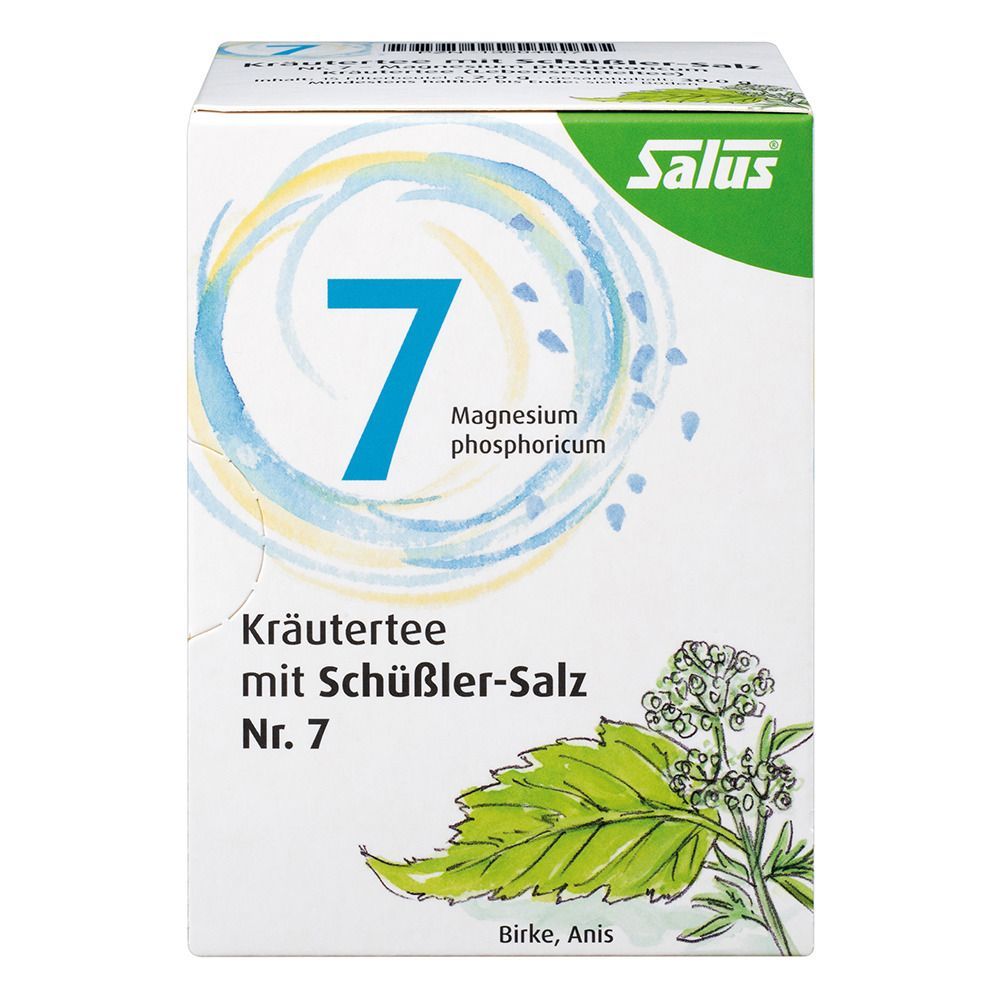 Kräutertee-Verpackung mit Salus-Logo und Nr. 7. Enthält Magnesium phosphoricum. Abbildung von Blättern und Blüten.