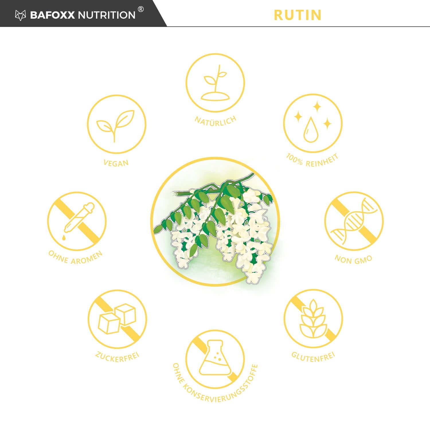 Kreisförmige Grafik mit Symbolen: vegan, natürlich, rein, ohne Aromen, ohne Zucker, ohne Konservierungsstoffe, glutenfrei, non-GMO.