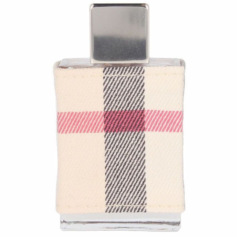 Parfümflakon mit kariertem Stoffbezug. Rosa und schwarze Streifen.