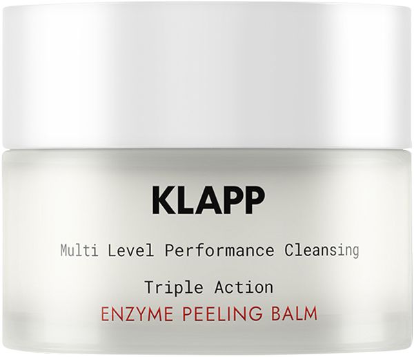 Klapp Multi Level Performance Cleansing Enzyme Peeling Balm. Weißes Tiegel mit Produktnamen und Beschreibung. Deckel.