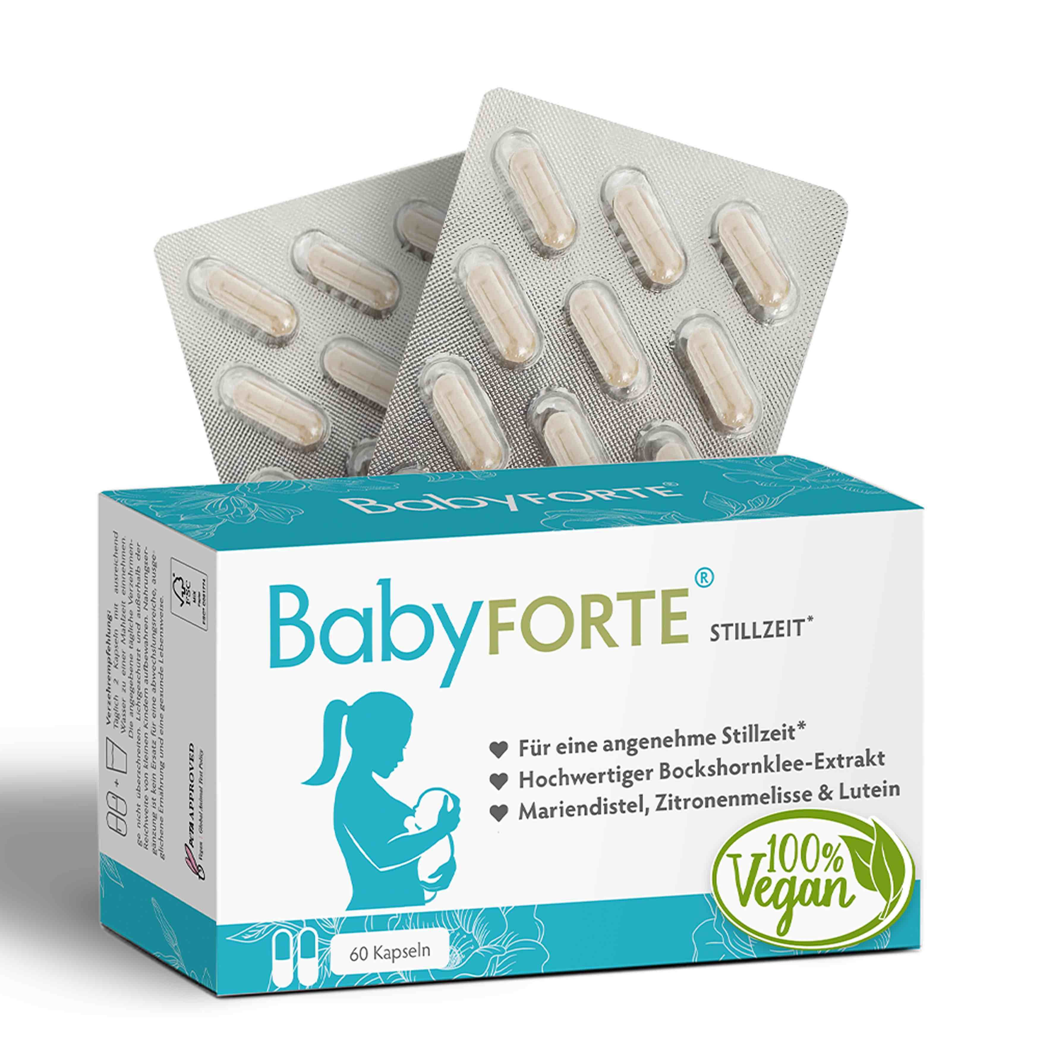 BabyFORTE® Stillzeit-Packung mit 60 Kapseln. Blisterpackungen mit Kapseln. Text: Für eine angenehme Stillzeit, Bockshornklee-Extrakt, Mariendistel, Zitronenmelisse & Lutein.