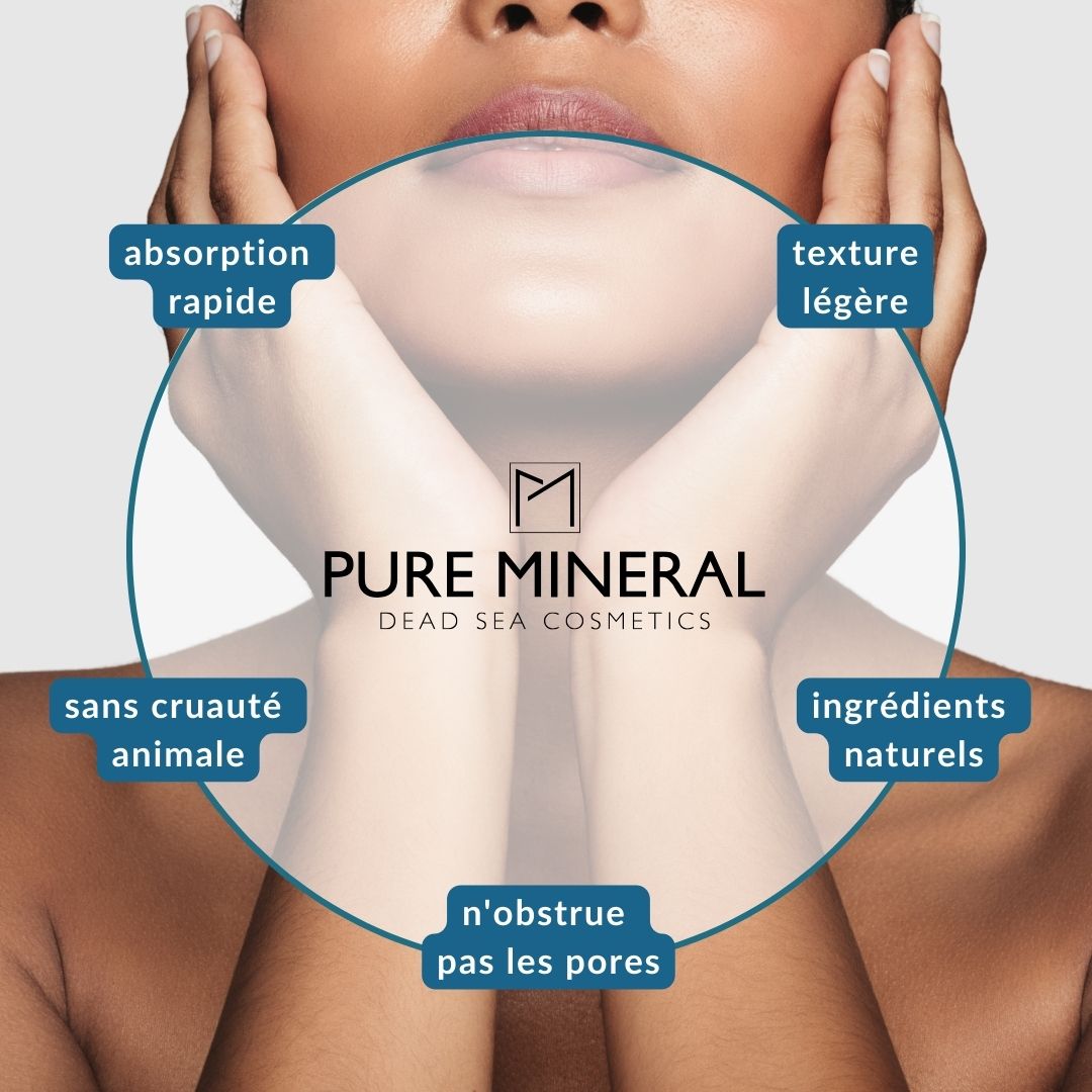Visage d'une femme avec les mains. Texte : Absorption rapide, texture légère, sans cruauté, ingrédients naturels.