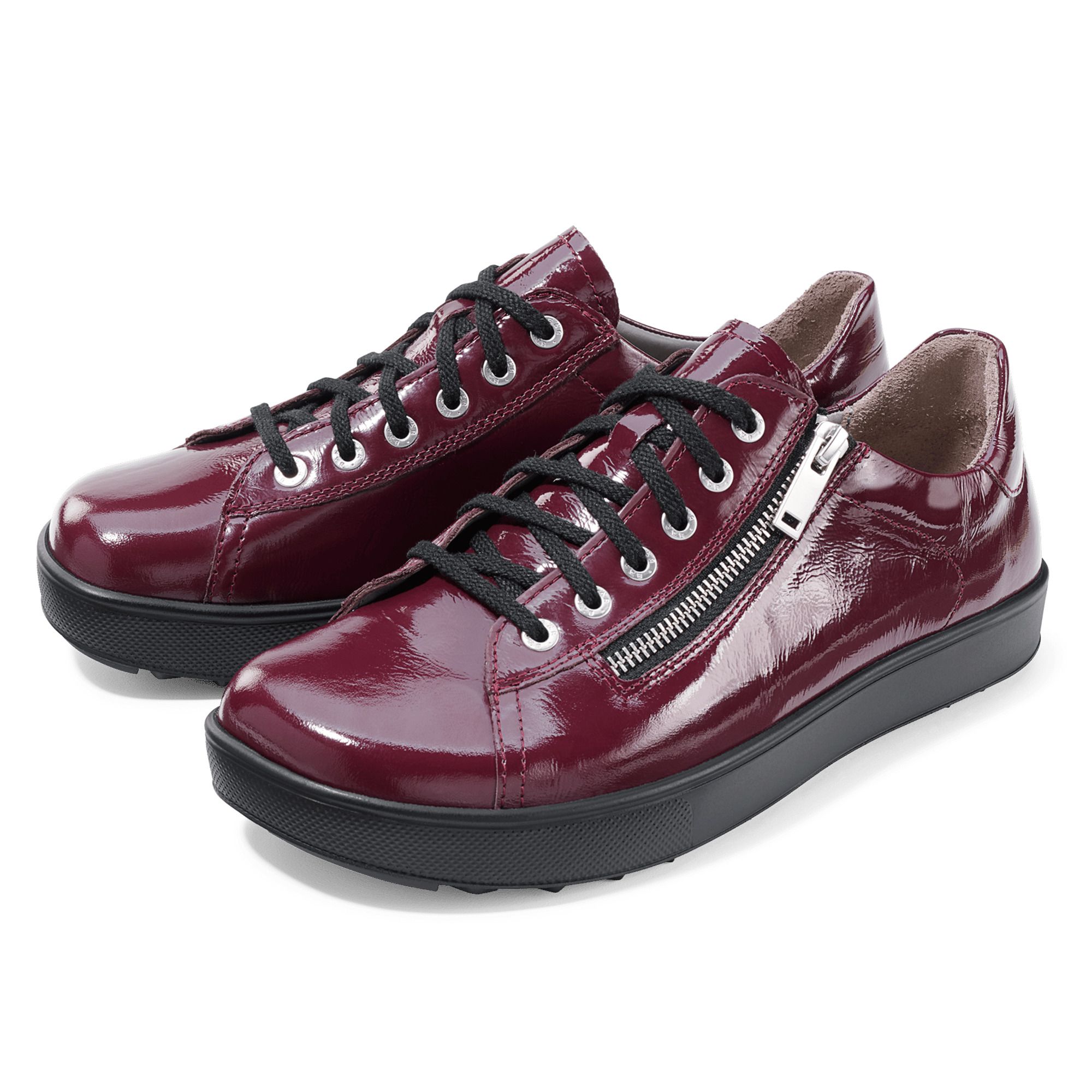 Burgunderfarbene Schnürschuhe mit Reißverschluss. Schwarze Schnürsenkel und Sohle. Glänzendes Obermaterial.