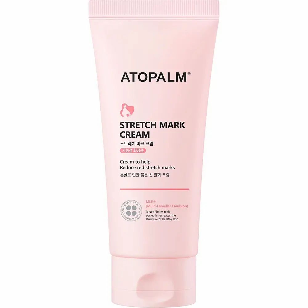 Rosa Tube mit ATOPALM-Logo und Aufschrift "STRETCH MARK CREAM". Text in Englisch und Koreanisch. Zertifizierungslogo.