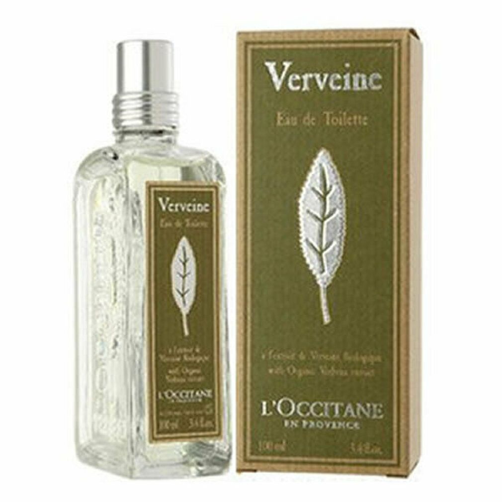 Flakon und Verpackung von L'Occitane Verveine Eau de Toilette. Flakon mit silbernem Verschluss, grüne Verpackung mit Blattmotiv.