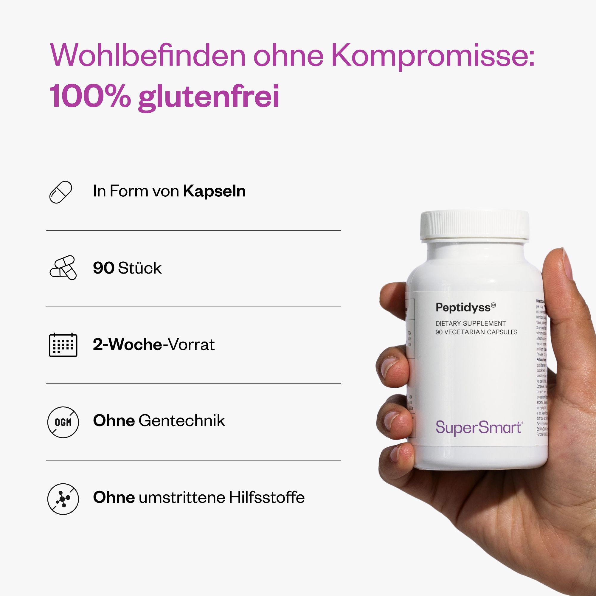 Weiße Flasche mit Peptidea®-Kapseln. 90 Stück, 2-Wochen-Vorrat. Ohne Gentechnik, ohne umstrittene Hilfsstoffe. SuperSmart-Logo.
