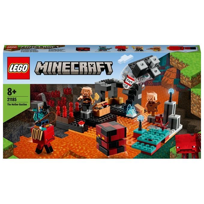 LEGO Minecraft Il Bastione del Nether. Scatola con personaggi e elementi. Età consigliata 8+. Include blocco TNT.