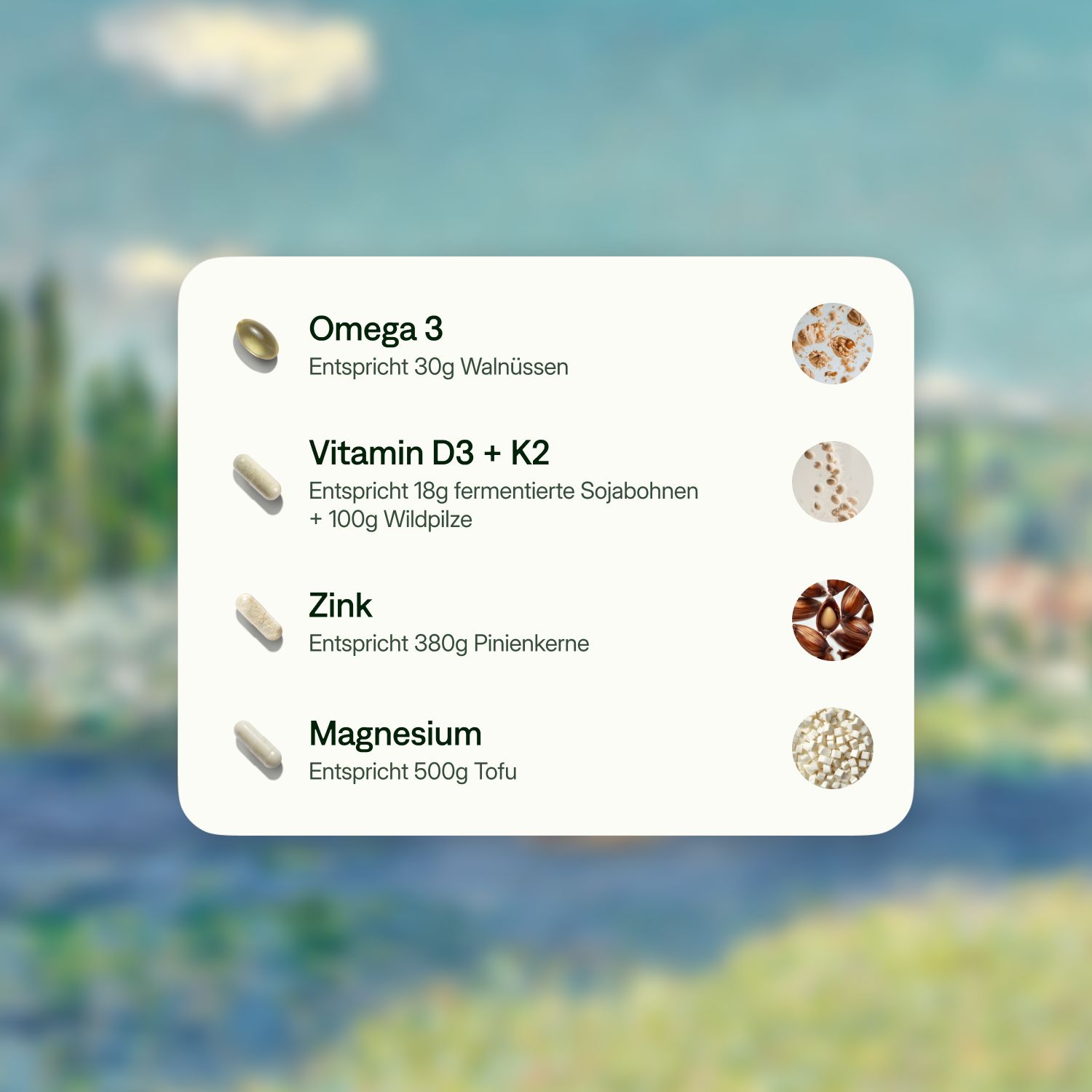 Infografik mit Kapseln und Nährstoffangaben: Omega 3, Vitamin D3+K2, Zink, Magnesium. Abbildungen von Walnüssen, Sojabohnen, etc.