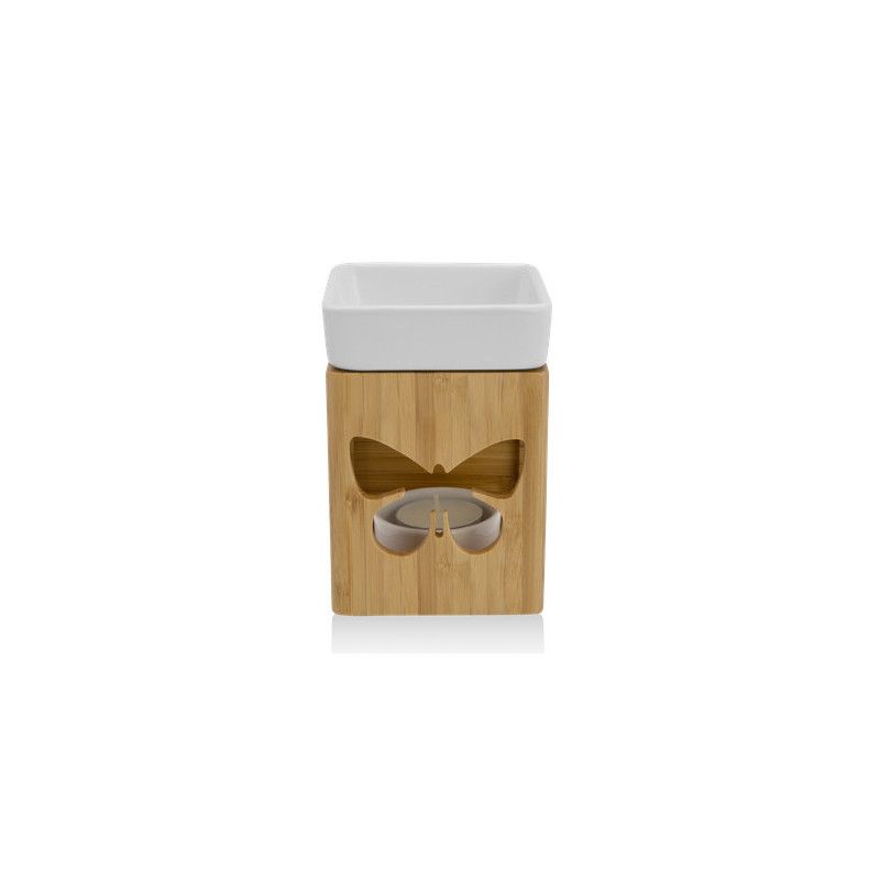 Duftlampe mit weißem Keramikbehälter auf einem Holzsockel mit Schmetterlingsaussparung. Teelicht sichtbar.