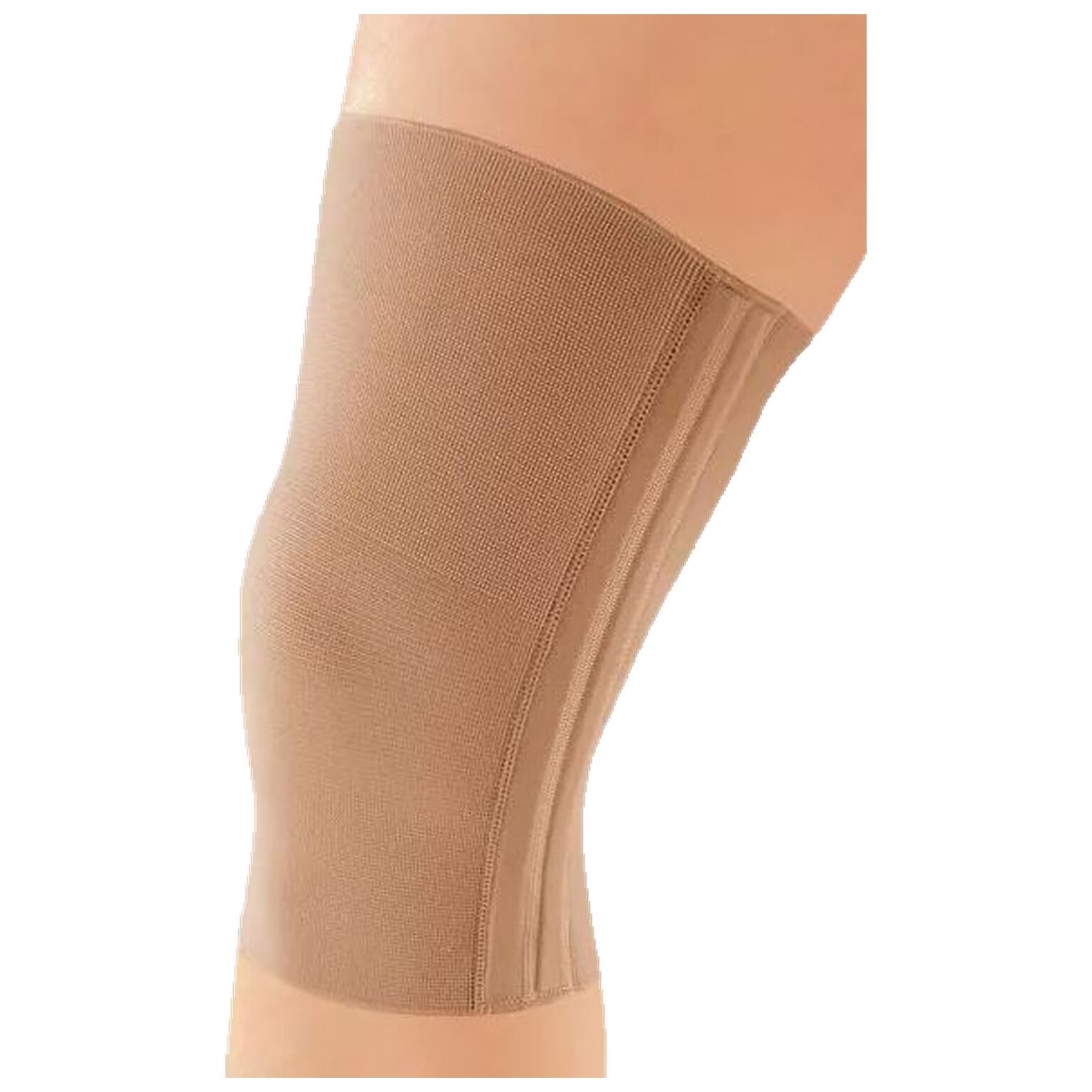 Beigefarbene Kniebandage. Nahtloses Material. Vertikale Verstärkungen an der Seite. Auf einem Bein getragen.