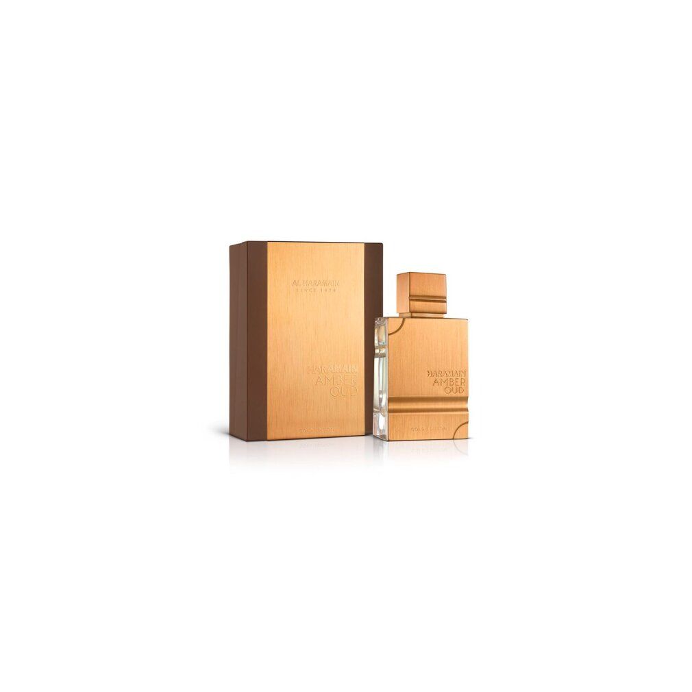 Goldfarbener Flakon und Verpackung. Aufschrift: Al Haramain Amber Oud Gold Edition. Flakon mit eckigem Deckel und rechteckiger Form.